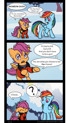 Size: 1331x2366 | Tagged: safe, artist:ethaes, character:rainbow dash, character:scootaloo, species:pegasus, species:pony, clothing, comic, confused, context is for the weak, crying, eyes closed, floppy ears, frown, hogarth hughes, question mark, rainbow dash turning into an assault rifle, raised eyebrow, raised hoof, smiling, teary eyes, the iron giant, transformers: age of extinction