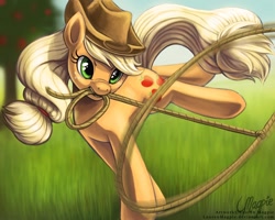 Size: 900x720 | Tagged: safe, artist:laurenmagpie, character:applejack, species:earth pony, species:pony, female, grass, lasso, mare, mouth hold, rope, solo