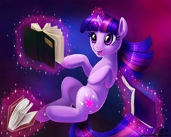 Size: 900x720 | Tagged: safe, artist:laurenmagpie, character:twilight sparkle, character:twilight sparkle (unicorn), species:pony, species:unicorn, abstract background, book, female, floating, magic, mare, solo, telekinesis