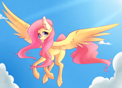 Size: 1933x1381 | Tagged: safe, artist:raponee, character:fluttershy, species:pegasus, species:pony, cloud, crepuscular rays, ear fluff, female, flying, looking at you, mare, sky, solo, spread wings, wings
