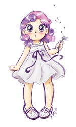Size: 1336x2228 | Tagged: safe, artist:chibi-jen-hen, character:sweetie belle, species:human, blushing, clothing, cute, diasweetes, dress, female, flower, humanized, mary janes, simple background, white background