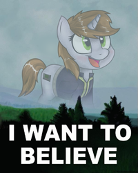 Size: 417x521 | Tagged: safe, artist:teschke, oc, oc only, oc:littlepip, species:pony, species:unicorn, fallout equestria, clothing, cute, fanfic, fanfic art, female, i want to believe, mare, meme, solo, the x files, vault suit, x-files