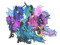 Size: 5400x4100 | Tagged: safe, artist:law44444, character:princess cadance, character:princess celestia, character:princess luna, character:queen chrysalis, character:twilight sparkle, character:twilight sparkle (alicorn), species:alicorn, species:changeling, species:pony, absurd resolution, alicorn tetrarchy, blue changeling, changelingified, female, mare, princess cadalis, princess chryslestia, princess lusalis, purple changeling, simple background, transparent background