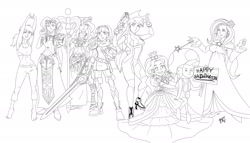 Size: 3000x1711 | Tagged: safe, artist:mono-phos, character:applejack, character:fluttershy, character:pinkie pie, character:rainbow dash, character:rarity, character:spike, character:sunset shimmer, character:twilight sparkle, species:human, belly button, crossover, fire emblem, fire emblem: awakening, humane seven, humane six, humanized, kid icarus, kid icarus: uprising, lucina, mane seven, mane six, metroid, midriff, monochrome, palutena, princess peach, rosalina, samus aran, simple background, super mario bros., super mario galaxy, super smash bros., super smash bros. 4, the legend of zelda, toad (mario bros), white background, wii fit, wii fit trainer