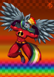 Size: 4960x7015 | Tagged: safe, artist:theonedzaan, character:rainbow dash, species:anthro, species:unguligrade anthro, abs, absurd resolution, clothing, costume, crossover, female, flexing, grin, muscles, solo, spandex, spread wings, the incredibles, wings