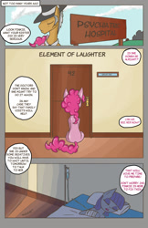 Size: 1024x1583 | Tagged: safe, artist:juanrock, character:igneous rock pie, character:maud pie, character:pinkie pie, comic:element of laughter, attempted suicide, bandage, comic, hospital, iv, iv drip