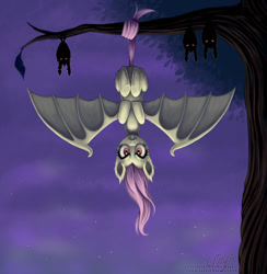 Size: 1080x1106 | Tagged: safe, artist:laurenmagpie, character:flutterbat, character:fluttershy, species:bat, fangs, female, hanging, looking at you, night, solo, spread wings, tree, upside down, wings