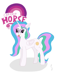 Size: 1024x1289 | Tagged: safe, artist:thejakevale, character:princess celestia, :t, blep, cartoon horse program, derp, female, hey you, majestic as fuck, missing accessory, poo brain, queen, queen celestia, queen horseytime, silly, smiling, solo, tongue out