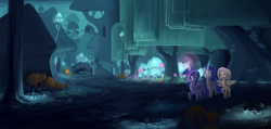 Size: 4535x2150 | Tagged: safe, artist:tivy, character:fluttershy, character:rarity, character:twilight sparkle, character:twilight sparkle (alicorn), species:alicorn, species:pony, female, high res, hollow shades, mare, night, nightmare night, scenery
