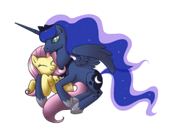 Size: 1613x1202 | Tagged: safe, artist:tenchi-outsuno, character:fluttershy, character:princess luna, ship:lunashy, eyes closed, female, lesbian, licking, shipping, simple background, tongue out