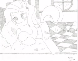 Size: 2176x1700 | Tagged: safe, artist:mc-ryan, character:fluttershy, bed, bedroom, blanket, cute, ear fluff, female, monochrome, sleepy, solo, tired, traditional art