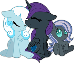 Size: 969x824 | Tagged: safe, artist:archerinblue, oc, oc only, oc:nightdrop, oc:nyx, oc:snowdrop, parent:oc:nyx, parent:oc:snowdrop, parents:oc x oc, parents:snownyx, species:alicorn, species:pegasus, species:pony, blind, cute, family, female, filly, lesbian, magical lesbian spawn, nuzzling, offspring, shipping, snownyx