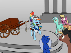 Size: 1200x896 | Tagged: safe, artist:lunarapologist, character:lily, character:lily valley, character:lyra heartstrings, character:rainbow dash, oc, species:pegasus, species:pony, alexander the great, armor, cart, female, gordian knot, greek, greek helmet, helmet, history, male, mare, mouth hold, stallion, sword, the horror, weapon