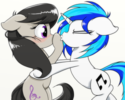 Size: 1280x1024 | Tagged: safe, artist:arcuswind, character:dj pon-3, character:octavia melody, character:vinyl scratch, ship:scratchtavia, blushing, female, kiss denied, kissing, lesbian, shipping, shipping denied