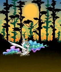 Size: 1275x1492 | Tagged: dead source, safe, artist:jackjacko-eponymous, character:princess celestia, species:alicorn, species:pony, g4, female, forest, mare, solo, spread wings, sun, tree, wings