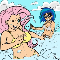 Size: 962x962 | Tagged: safe, artist:megasweet, artist:reaver, character:dj pon-3, character:fluttershy, character:vinyl scratch, species:human, belly button, bikini, breasts, busty fluttershy, busty vinyl scratch, clothing, female, humanized, splash, splashing, swimsuit, water, white swimsuit, yellow swimsuit