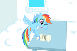 Size: 1300x861 | Tagged: safe, artist:lunarapologist, character:rainbow dash, crying, female, happy, letter, solo, tears of joy