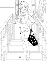 Size: 1000x1294 | Tagged: safe, artist:mono-phos, character:diamond tiara, species:human, bag, cardigan, clothing, dress, female, handbag, humanized, jacket, lineart, monochrome, necklace, shoes, socks, solo, staircase, thigh highs