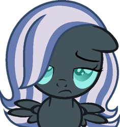 Size: 400x424 | Tagged: safe, artist:archerinblue, oc, oc only, oc:nightdrop, parent:oc:nyx, parent:oc:snowdrop, parents:oc x oc, parents:snownyx, frown, magical lesbian spawn, offspring, simple background, solo, transparent background, unamused