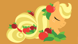 Size: 1920x1080 | Tagged: safe, artist:raygirl, part of a set, character:applejack, species:earth pony, species:pony, apple, bust, eyes closed, female, food, lineless, mare, orange background, portrait, profile, simple background, solo, wallpaper