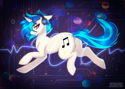 Size: 1280x914 | Tagged: safe, artist:naminzo, character:dj pon-3, character:vinyl scratch, species:pony, species:unicorn, circuit board, dock, electricity, female, missing accessory, plot, solo, watermark
