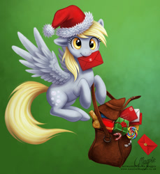 Size: 899x981 | Tagged: safe, artist:laurenmagpie, character:derpy hooves, species:pegasus, species:pony, bag, candy cane, christmas, clothing, cute, derpabetes, featured on derpibooru, female, flying, hat, letter, lollipop, mailmare, mare, mouth hold, present, santa hat, solo, spread wings, wings
