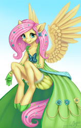 Size: 899x1422 | Tagged: safe, artist:laurenmagpie, character:fluttershy, species:anthro, species:pegasus, species:pony, species:unguligrade anthro, clothing, dress, female, gala dress, mare, solo