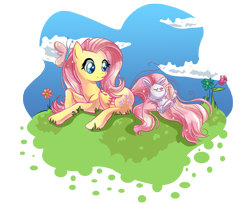 Size: 1608x1316 | Tagged: safe, artist:pauuhanthothecat, character:angel bunny, character:fluttershy, species:pegasus, species:pony, butterfly, female, flower, happy, mare, prone