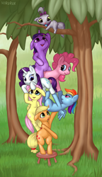 Size: 3575x6198 | Tagged: safe, artist:hirurux, character:applejack, character:fluttershy, character:opalescence, character:pinkie pie, character:rainbow dash, character:rarity, character:twilight sparkle, species:earth pony, species:pegasus, species:pony, species:unicorn, mane six, tree