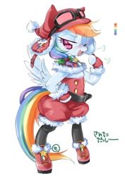 Size: 723x1023 | Tagged: safe, artist:mococo, character:rainbow dash, species:pegasus, species:pony, bipedal, color palette, female, goggles, mare, open mouth, rainbow dash always dresses in style, shoes, signature, simple background, sneakers, solo, white background