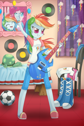 Size: 1344x2000 | Tagged: safe, artist:pauuhanthothecat, character:pinkie pie, character:rainbow dash, character:tank, equestria girls:rainbow rocks, g4, my little pony: equestria girls, my little pony:equestria girls, boots, clothing, electric guitar, football, grin, guitar, humanized, pajamas, record, slippers, smiling, smirk