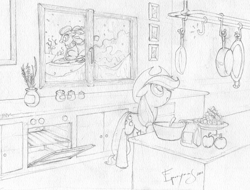 Size: 923x701 | Tagged: dead source, safe, artist:jackjacko-eponymous, character:apple bloom, character:applejack, species:earth pony, species:pony, clothing, duo, female, kitchen, lineart, mare, monochrome, scarf, sketch, sledding, snow, snowfall, traditional art, winter