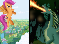 Size: 1024x768 | Tagged: safe, artist:musapan, character:scootaloo, species:dragon, danger, determination, determined, everfree forest, fanfic art, ponyville, reginald