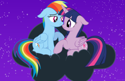 Size: 3045x1970 | Tagged: safe, artist:aquaticneon, character:rainbow dash, character:twilight sparkle, character:twilight sparkle (alicorn), species:alicorn, species:pony, ship:twidash, cloud, female, lesbian, mare, night, shipping