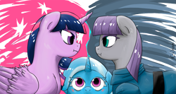 Size: 1199x637 | Tagged: safe, artist:mornincloud, character:maud pie, character:trixie, character:twilight sparkle, character:twilight sparkle (alicorn), species:alicorn, species:pony, ship:mauxie, ship:twixie, :t, blushing, colored eyelashes, eye contact, eyelashes, female, frown, glare, lesbian, love triangle, mare, shipping, shipping war, stare down