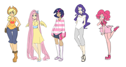 Size: 1280x684 | Tagged: safe, artist:ssenarrya, character:applejack, character:fluttershy, character:pinkie pie, character:rarity, character:twilight sparkle, clothing, dress, horned humanization, humanized, shoes, skirt, sneakers, winged humanization