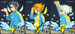 Size: 1280x590 | Tagged: safe, artist:ssenarrya, character:fleetfoot, character:soarin', character:spitfire, autograph, goggles, humanized, poster, wonderbolts