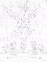 Size: 1650x2163 | Tagged: safe, artist:jackjacko-eponymous, character:applejack, character:fluttershy, character:pinkie pie, character:rainbow dash, character:rarity, character:twilight sparkle, awesome, mane six, megazord, parody, ponified, power rangers, robot, sketch