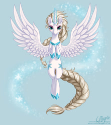 Size: 990x1122 | Tagged: safe, artist:laurenmagpie, species:alicorn, species:pony, both cutie marks, elsa, female, flying, frozen (movie), magic, mare, ponified