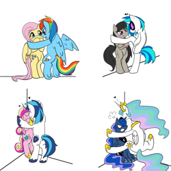 Size: 1000x1000 | Tagged: safe, artist:yoonny92, character:dj pon-3, character:fluttershy, character:octavia melody, character:princess cadance, character:princess celestia, character:princess luna, character:rainbow dash, character:shining armor, character:vinyl scratch, species:pony, ship:flutterdash, ship:princest, ship:scratchtavia, ashidon, bipedal, cicada block, crossed hooves, eyes closed, female, glasses, heart, incest, jewelry, kabedon, lesbian, looking at each other, luna is not amused, octavia is not amused, open mouth, regalia, shipping, simple background, sitting, smiling, unamused, white background