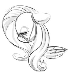 Size: 900x962 | Tagged: safe, artist:newvagabond, character:fluttershy, species:pegasus, species:pony, bridle, bust, crying, female, floppy ears, grayscale, looking down, mare, monochrome, profile, sad, signature, simple background, solo, white background