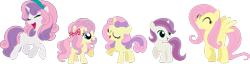 Size: 1280x327 | Tagged: safe, artist:archerinblue, character:fluttershy, character:sweetie belle, oc, oc:lemon meringue, oc:strawberry shake, oc:vanilla frosting, parent:fluttershy, parent:sweetie belle, parents:flutterbelle, ship:flutterbelle, crack shipping, cute, family, female, lesbian, magical lesbian spawn, offspring, older, shipping, simple background, transparent background