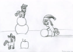 Size: 4000x2820 | Tagged: safe, artist:techarmsbu, character:apple bloom, character:scootaloo, character:sweetie belle, absurd resolution, boots, clothing, cutie mark crusaders, hat, monochrome, santa hat, scarf, snow