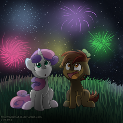 Size: 1000x1000 | Tagged: safe, artist:jayivee, character:button mash, character:sweetie belle, buttonbetes, cute, cute as a button, diasweetes, female, fireworks, happy, looking up, male, night, shipping, sitting, straight, sweetiemash