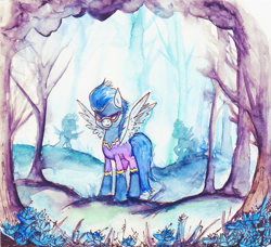 Size: 1280x1166 | Tagged: safe, artist:mapony240, character:nightshade, everfree forest, female, looking at you, shadowbolts, solo, statue, traditional art, watercolor painting