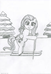 Size: 2663x3800 | Tagged: safe, artist:techarmsbu, character:angel bunny, character:fluttershy, female, high res, monochrome, skiing, snow, solo, traditional art, tree