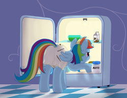 Size: 1000x775 | Tagged: safe, artist:pageturner1988, character:rainbow dash, species:pegasus, species:pony, boxers, butt scratch, clothing, female, food, mare, messy mane, plot, rear view, refrigerator, solo, ugly underwear, underwear, white underwear