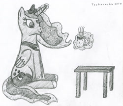 Size: 3200x2769 | Tagged: safe, artist:techarmsbu, character:princess luna, female, high res, hot chocolate, marshmallow, monochrome, sitting, solo, table, traditional art
