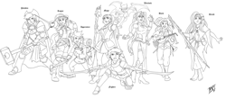 Size: 2273x1000 | Tagged: safe, artist:mono-phos, character:applejack, character:fluttershy, character:pinkie pie, character:rainbow dash, character:rarity, character:spike, character:sunset shimmer, character:twilight sparkle, species:human, adventurers, adventuring party, apprentice, armor, bard, barefoot, black and white, breasts, cleavage, crossover, druid, dungeons and dragons, fantasy, fantasy class, feet, female, fighter, flutterdruid, grayscale, group, humanized, knight, lineart, mage, mane seven, mane six, monochrome, paladin, party, rogue, roleplay, roleplaying, sword, warlock, warrior, weapon