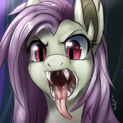 Size: 1280x1280 | Tagged: safe, artist:nummynumz, character:flutterbat, character:fluttershy, species:bat pony, species:pony, fangs, female, imminent vore, long tongue, maw, mawshot, open mouth, solo, teeth, tongue out, uvula